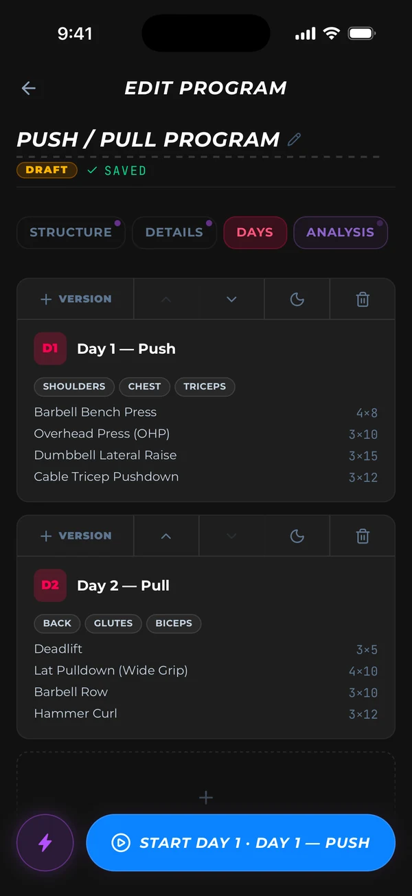 The finished Push / Pull program, day by day